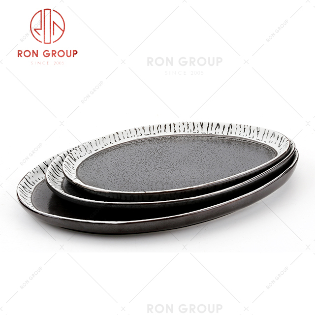 High quality restaurant ceramic dinner plate oval black sushi plate