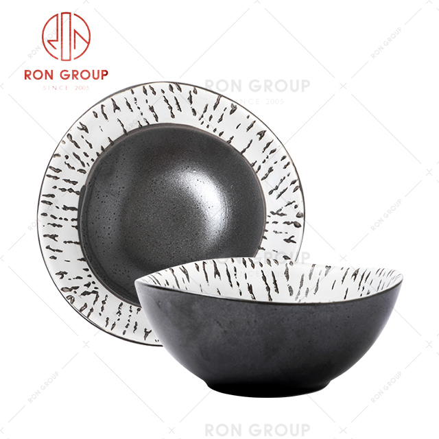 Asian matte black food dinnerware set custom logo food bowl ceramic