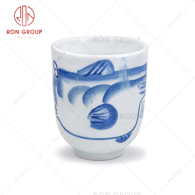 Hand drawn abstract painting design blue landscape painting white ceramic tea water cup