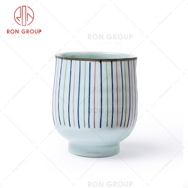 Tea Cup Striped Decorative Pottery Handleless Round Ceramic 