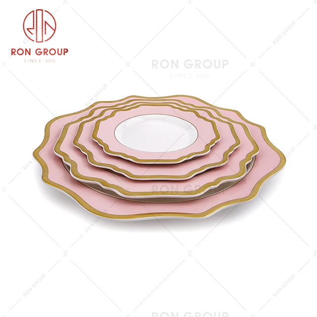 Pink elegant design wedding banquet exquisite ceramic petal shaped dinner plate