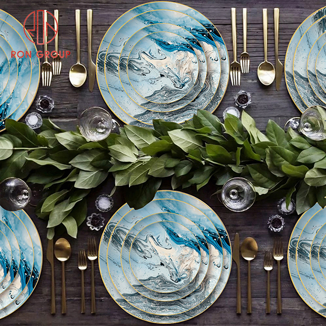 Custom made abstract beach and sea Chinese bone porcelain plate