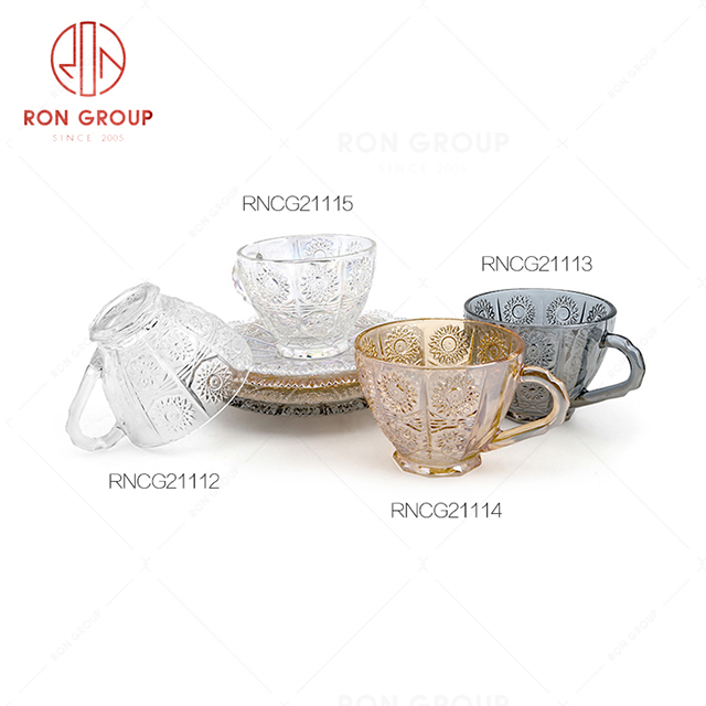 Retro style hotel elegant afternoon tea glass restaurant flower tea coffee cup with plate