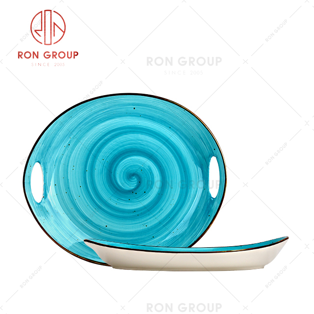 Hotel/Restaurant blue ceramic round pie dishes wholesale slate dish for banquet