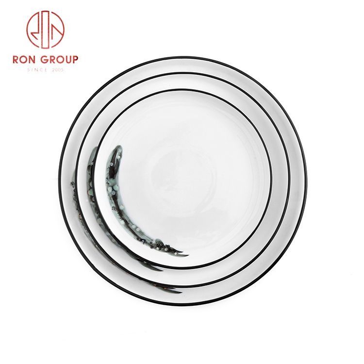 wholesale cheap price porcelain dipped finish round plate fine dining porcelain ink painting tableware