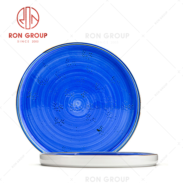 high quality Blue color porcelain crockery dishes hot sale restaurant used wholesale ceramic round plate