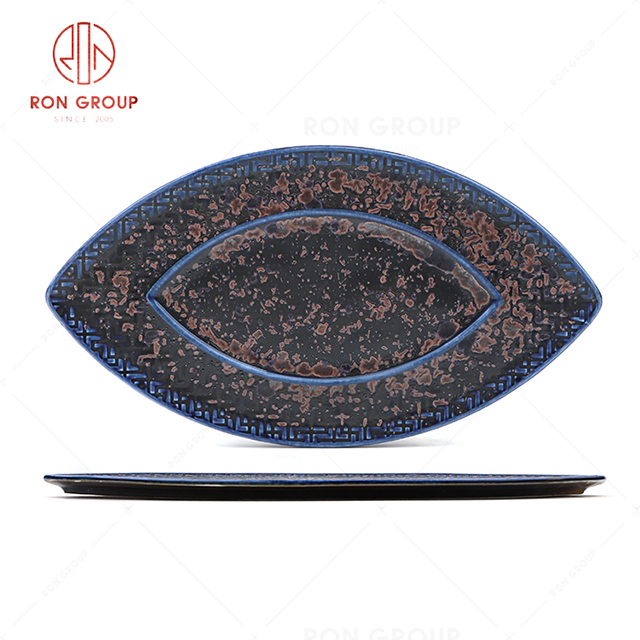 RN0660P00282 Wholesale Unique Design Blue Agate Ceramic Wanfu Leaf Plate