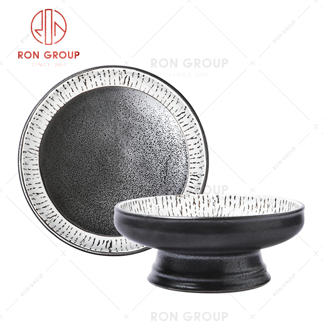 Custom printed logo hotel wedding black round ceramic dessert plate