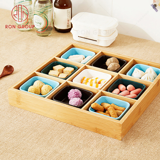 Japanese style nine grid plate wooden box sushi snack dish hot pot divided grid wooden plate sauce platter
