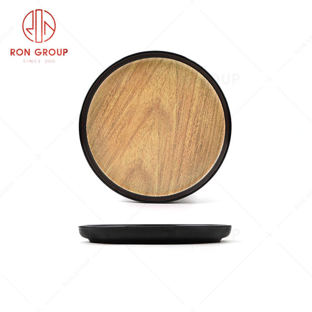 RN0039M00057-58-59 Hot Sale High Quality Durable Brown Wood Grain Melamine Round Plate 