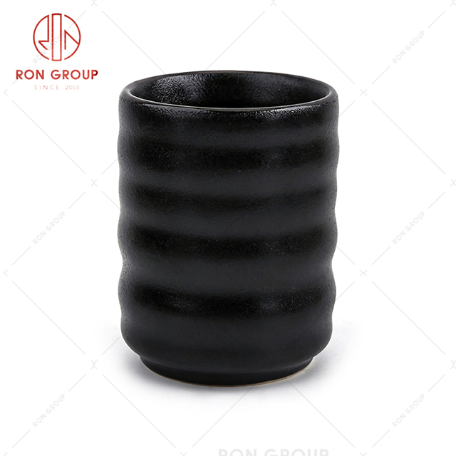 Pure black ripple design classic style restaurant ceramic milk cup hospitality drinking tea cup