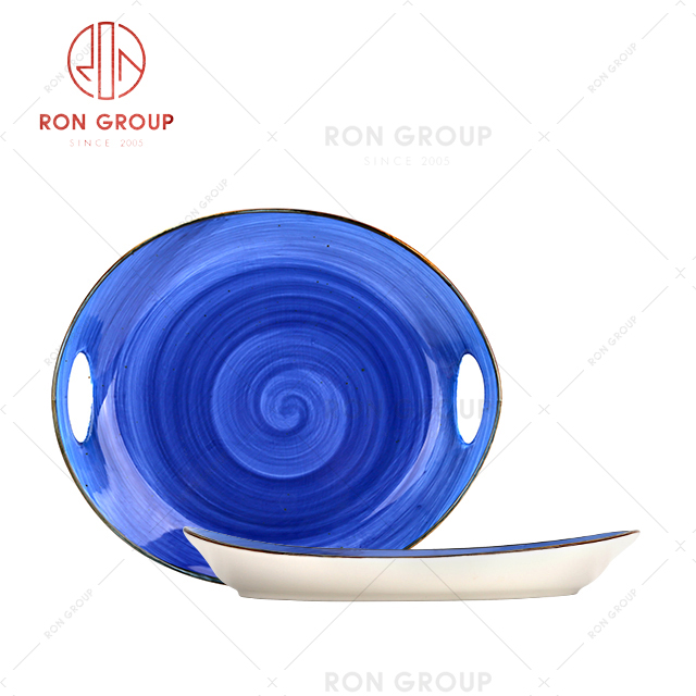 2020 best selling ceramic restaurant plate round classic blue hand painted plate